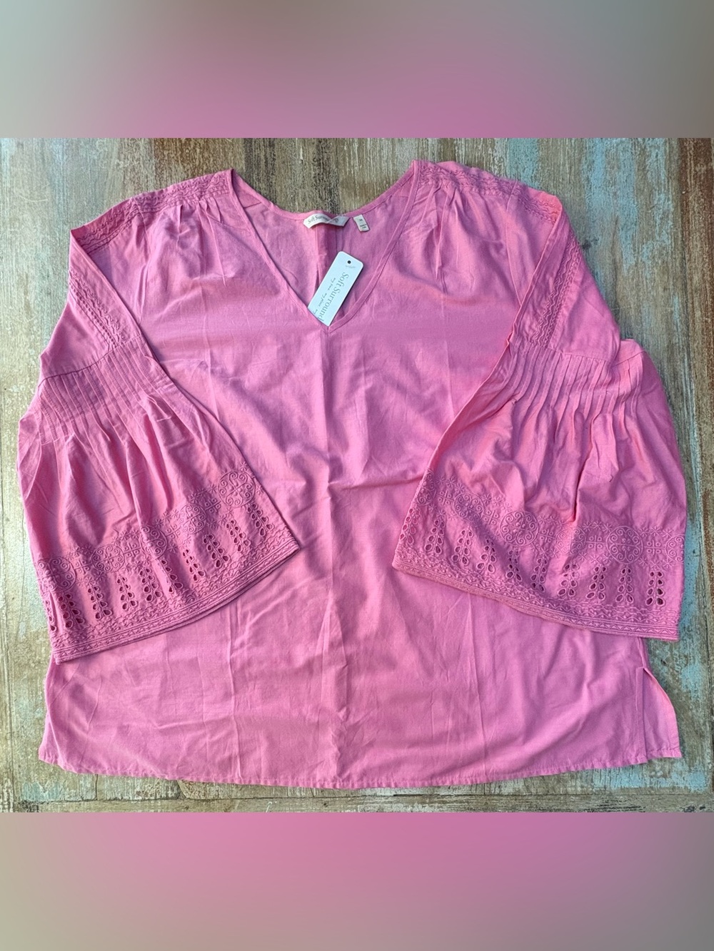 Soft Surroundings Pink Embroidered Eyelet Bell-Sleeve Blouse